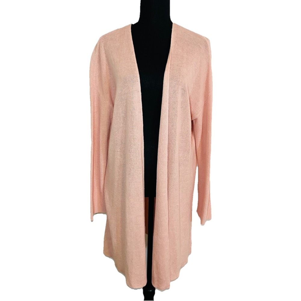 EILEEN FISHER Pink Ribbed Organic Linen Cotton Long Open Front Cardigan LARGE